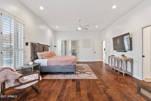 bedroom with access to exterior, ceiling fan, and dark hardwood / wood-style floors