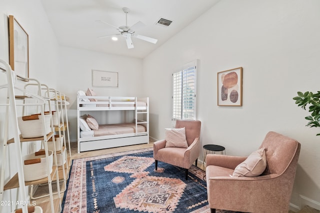 bedroom featuring hardwood / wood-style flooring and ceiling fan