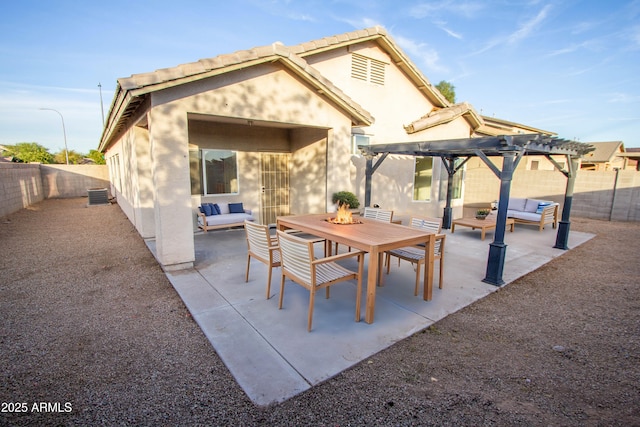 view of patio featuring central AC unit, outdoor lounge area, and a pergola