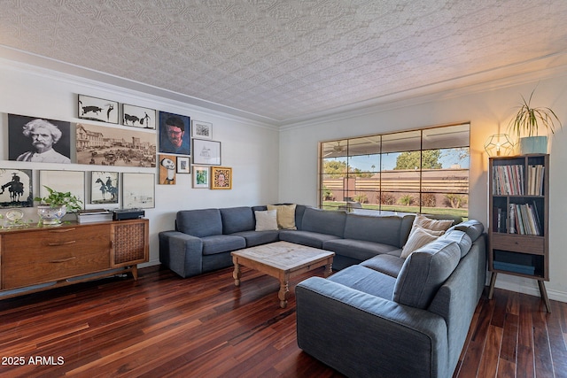 living room featuring crown molding, dark hardwood / wood-style floors, and a textured ceiling