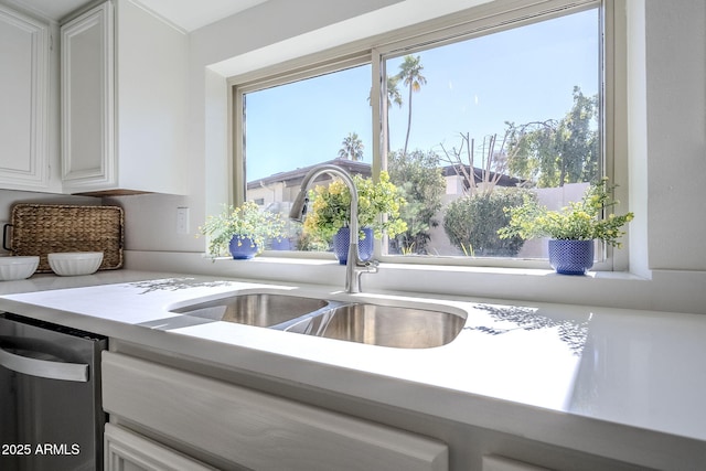 room details featuring sink, dishwasher, and white cabinets