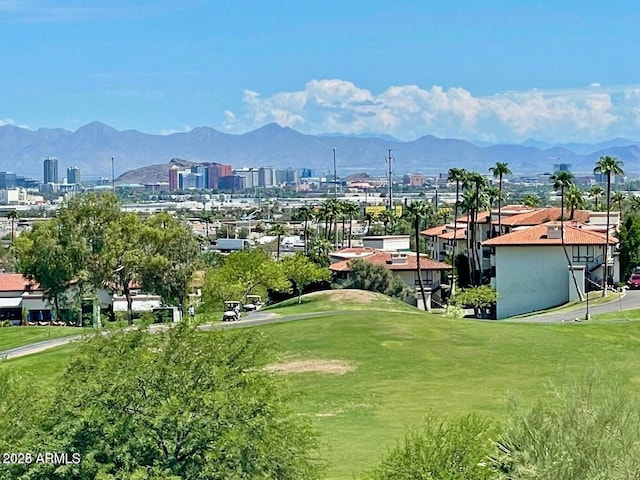 view of community featuring a mountain view and a yard