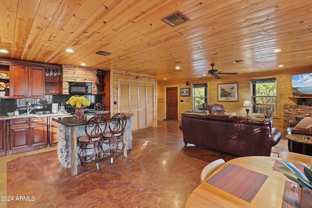 kitchen featuring ceiling fan, wooden walls, wooden ceiling, and backsplash