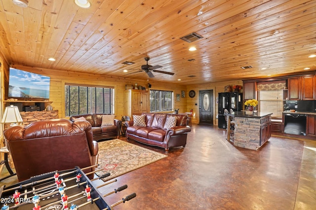 living room featuring ceiling fan, wooden ceiling, and wooden walls