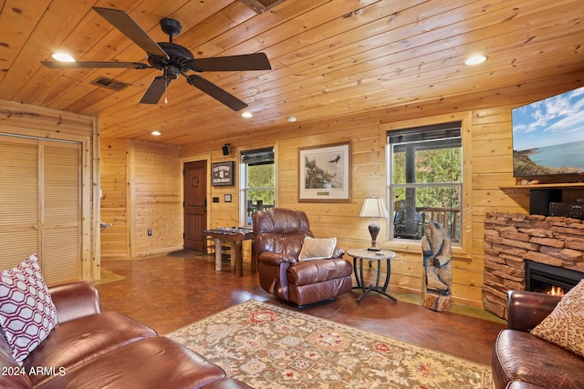 living room with wooden walls, wood ceiling, a fireplace, and ceiling fan