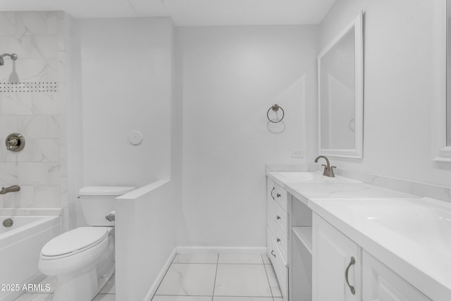4200 N Miller Rd Unit 112, Scottsdale, AZ 85251 - bathroom featuring double vanity, baseboards, toilet, shower / washtub combination, and marble finish flooring