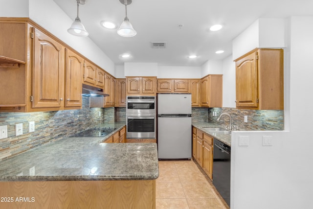 4200 N Miller Rd Unit 112, Scottsdale, AZ 85251 - kitchen featuring black appliances, a sink, under cabinet range hood, backsplash, and dark stone countertops