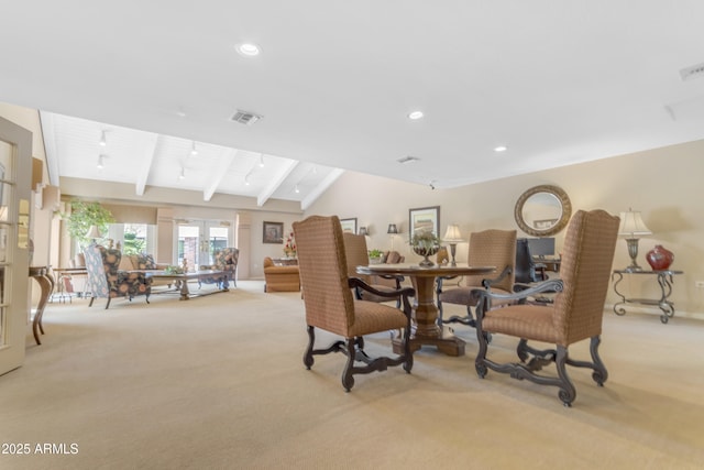 4200 N Miller Rd Unit 112, Scottsdale, AZ 85251 - dining room featuring light colored carpet, beam ceiling, recessed lighting, and baseboards