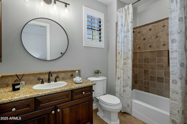 full bathroom featuring tasteful backsplash, tile patterned flooring, vanity, shower / tub combo, and toilet