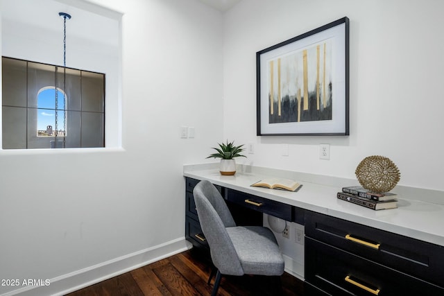 office space featuring dark hardwood / wood-style flooring and built in desk