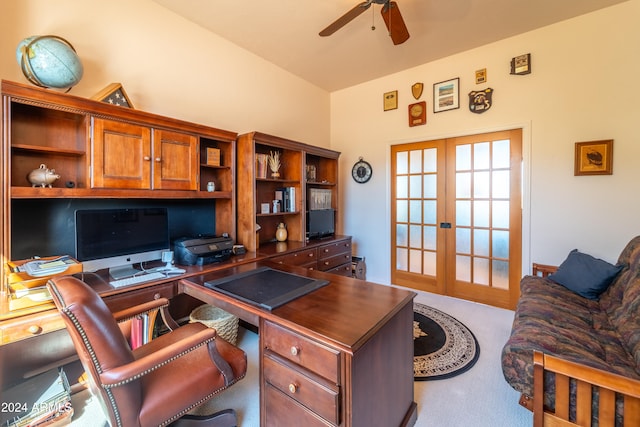 carpeted office with ceiling fan and french doors