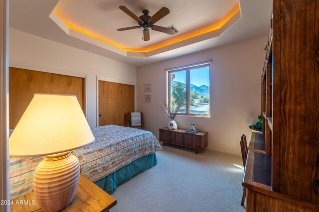 bedroom featuring carpet floors, a raised ceiling, ceiling fan, and multiple closets