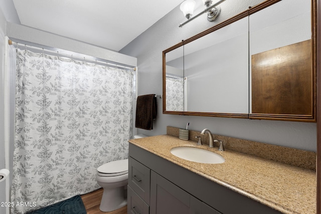 bathroom with toilet, a shower with shower curtain, wood finished floors, and vanity