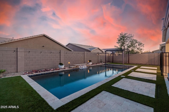 pool at dusk with a pergola and a patio area