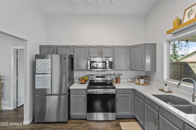 kitchen with gray cabinetry, a sink, dark wood finished floors, appliances with stainless steel finishes, and light countertops