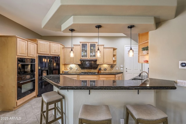 kitchen with open shelves, tasteful backsplash, light brown cabinetry, a peninsula, and black appliances