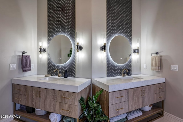 full bathroom with two vanities, a sink, and decorative backsplash