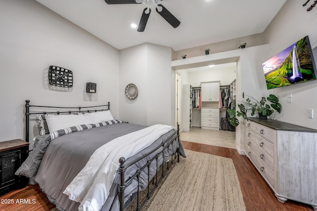 bedroom featuring a ceiling fan, a walk in closet, a closet, and dark wood finished floors