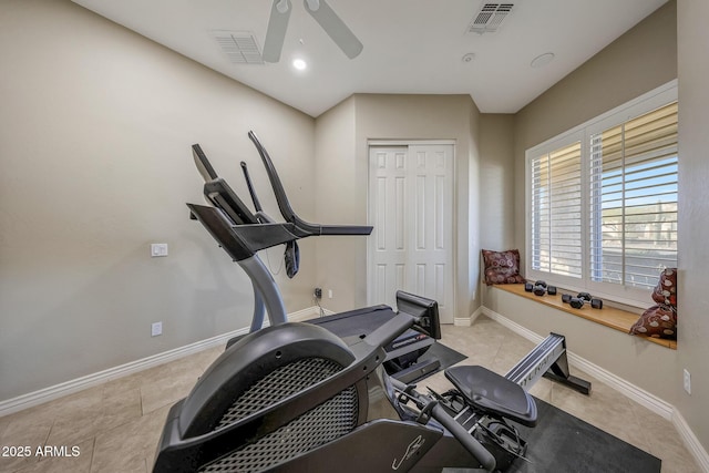 workout area with tile patterned flooring, baseboards, visible vents, and a ceiling fan