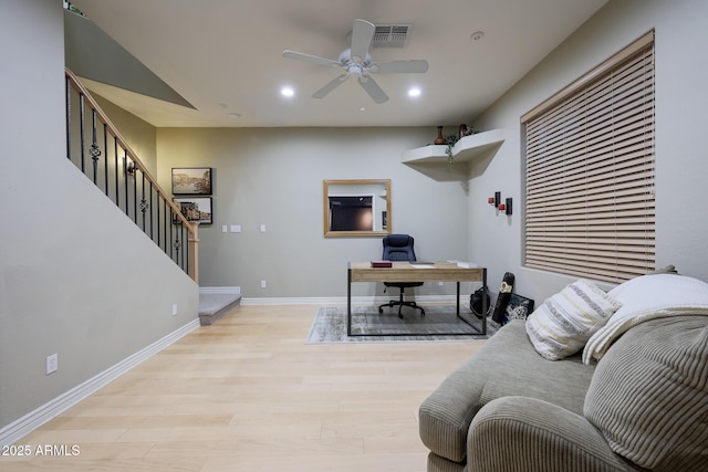 office area featuring recessed lighting, baseboards, ceiling fan, and light wood finished floors