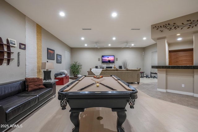 game room featuring visible vents, a ceiling fan, and recessed lighting