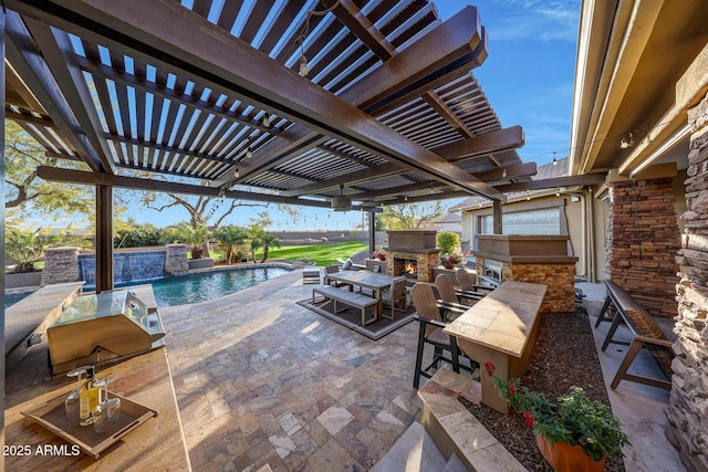 view of patio with an outdoor stone fireplace, an outdoor pool, outdoor dining area, and a pergola