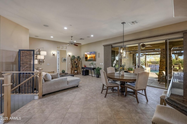 tiled dining space featuring a ceiling fan, visible vents, and recessed lighting
