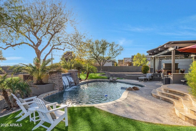 view of pool with a fenced in pool, outdoor dry bar, a gazebo, a patio area, and a fenced backyard