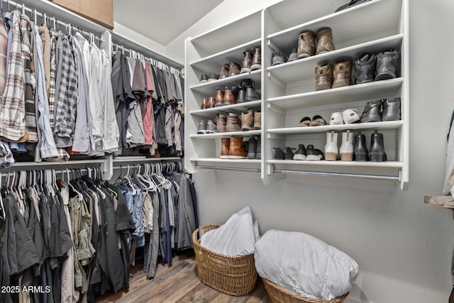 walk in closet with hardwood / wood-style floors