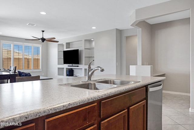 25974 W Horsham Dr, Buckeye, AZ 85396 - kitchen with dishwasher, light countertops, ceiling fan, light tile patterned flooring, and open floor plan