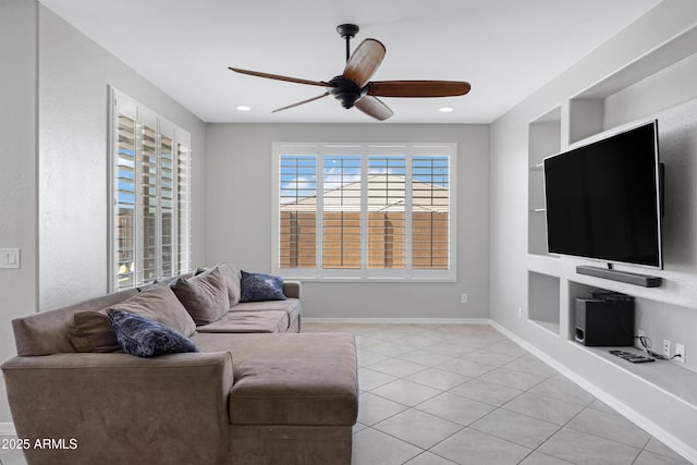 25974 W Horsham Dr, Buckeye, AZ 85396 - living room featuring ceiling fan, light tile patterned floors, built in shelves, and recessed lighting