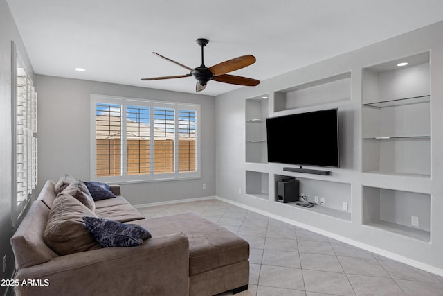 25974 W Horsham Dr, Buckeye, AZ 85396 - tiled living area featuring built in features, ceiling fan, and recessed lighting