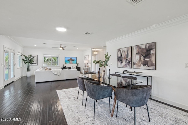 615 E Winter Dr, Phoenix, AZ 85020 - dining space with ornamental molding, dark wood-style flooring, a ceiling fan, and recessed lighting