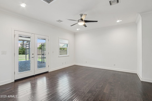 615 E Winter Dr, Phoenix, AZ 85020 - spare room featuring french doors, a ceiling fan, dark wood-type flooring, crown molding, and recessed lighting