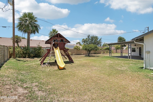 615 E Winter Dr, Phoenix, AZ 85020 - view of jungle gym with ceiling fan, a fenced backyard, and a patio area