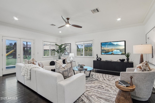 615 E Winter Dr, Phoenix, AZ 85020 - living area with ornamental molding, ceiling fan, dark wood-type flooring, french doors, and recessed lighting