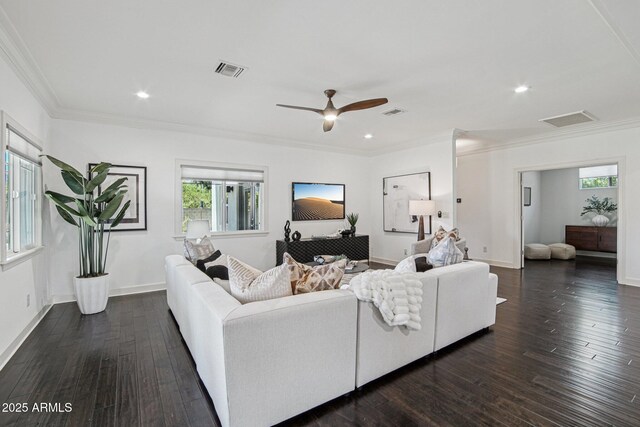 615 E Winter Dr, Phoenix, AZ 85020 - living room with dark wood-type flooring, ornamental molding, recessed lighting, and a ceiling fan