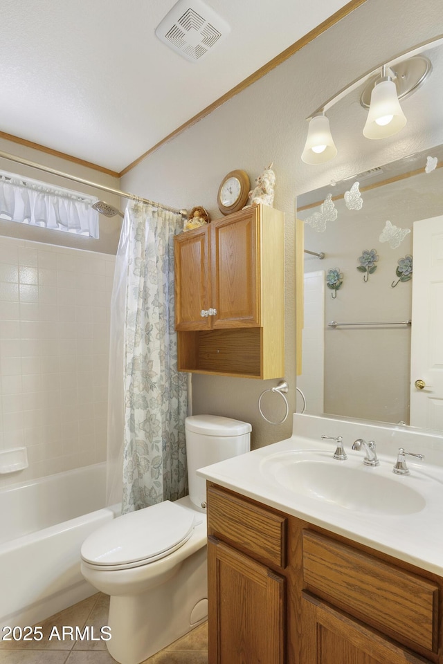 bathroom featuring toilet, shower / bathtub combination with curtain, vanity, and tile patterned floors