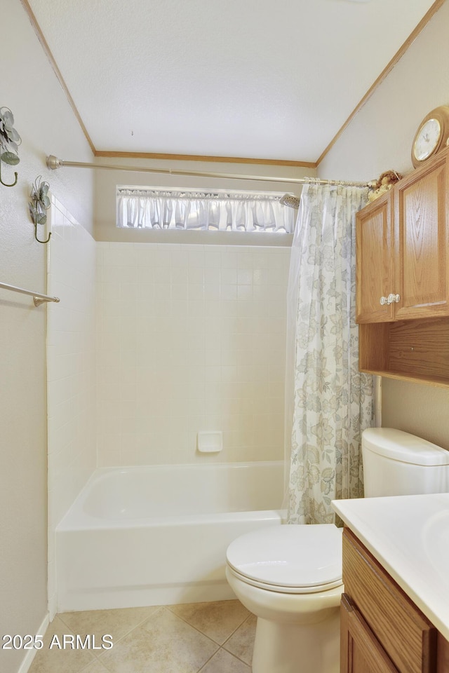 full bath with toilet, tile patterned floors, shower / bath combo with shower curtain, and vanity