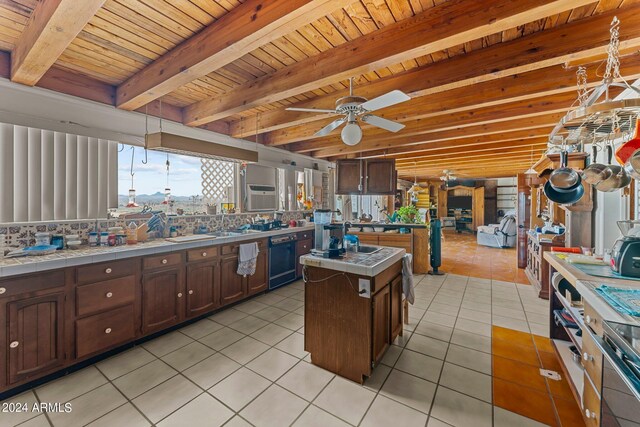 kitchen featuring ceiling fan, dark brown cabinetry, wood ceiling, tasteful backsplash, and a kitchen island