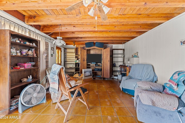 living room with beam ceiling, ceiling fan, wooden ceiling, and tile patterned floors