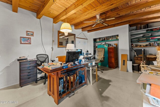 office featuring beam ceiling and ceiling fan