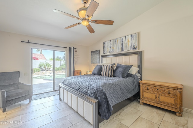 bedroom featuring access to exterior, vaulted ceiling, and a ceiling fan