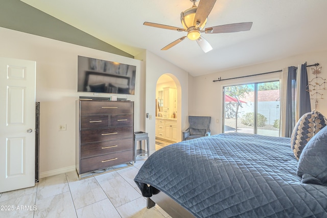 bedroom with baseboards, arched walkways, a ceiling fan, access to outside, and vaulted ceiling