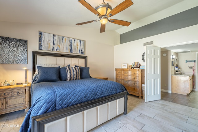 bedroom with a ceiling fan, visible vents, and vaulted ceiling