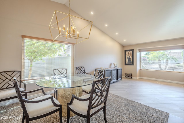 dining area featuring baseboards, wood finished floors, high vaulted ceiling, a notable chandelier, and recessed lighting