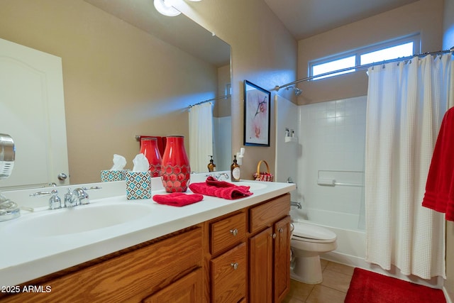 full bathroom with shower / bath combination with curtain, tile patterned flooring, toilet, a sink, and double vanity