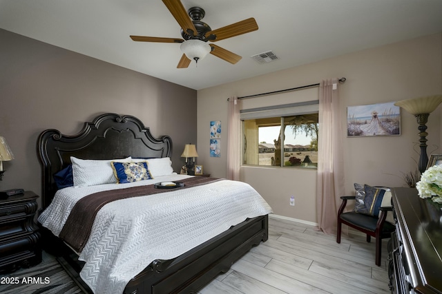 bedroom with ceiling fan and light wood-type flooring