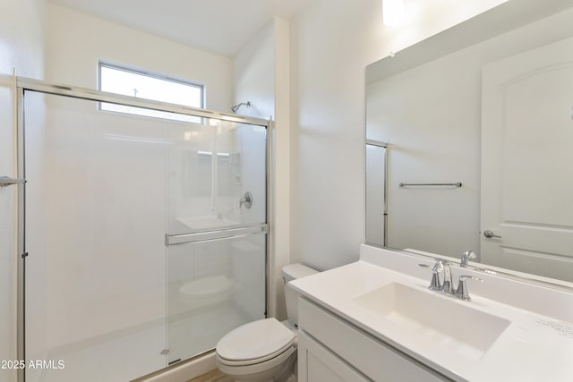 bathroom with vanity, a shower with shower door, and toilet