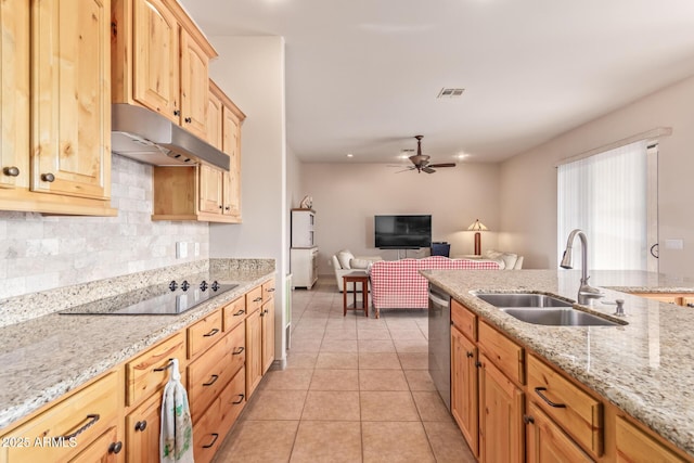 kitchen featuring black electric stovetop, stainless steel dishwasher, ceiling fan, sink, and light tile patterned floors